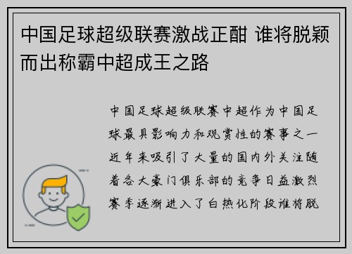 中国足球超级联赛激战正酣 谁将脱颖而出称霸中超成王之路